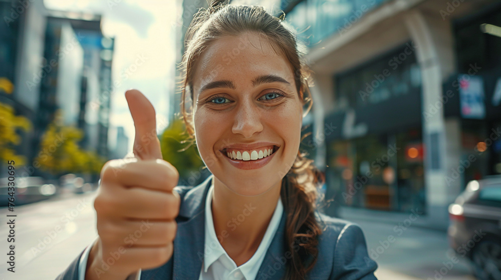 Happy businesswoman showing thumbs up. Beautiful cheerful young businesswoman showing thumbs up and smiling at camera. Gesture concept