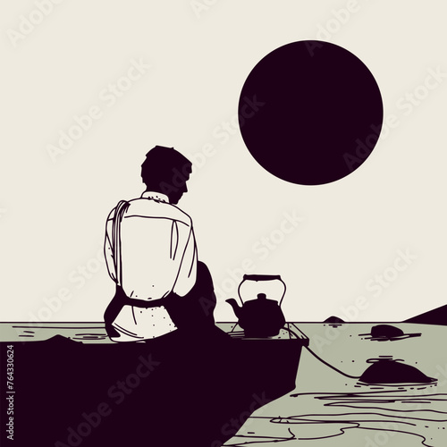 Minimalistic illustration. Meditation on the shore with tea. Pastel colors.