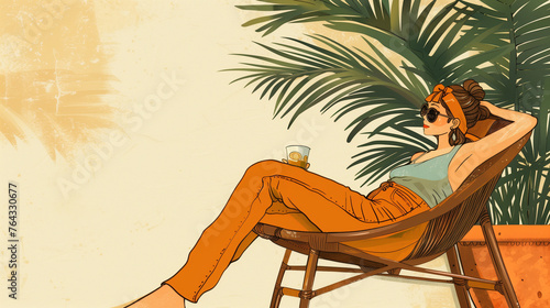 An illustration of a woman reclining on an outdoor chair, relaxing in a leisurely position with a drink in her hand