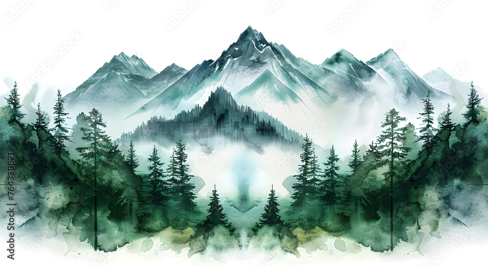 Greens watercolor color watercolor abstract brush painting art beautiful mountains, peak with spruce trees. - obrazy, fototapety, plakaty 