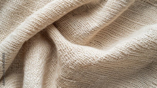 Cozy beige knitted fabric blanket with soft texture, creased and folded randomly. Neutral color for warm, inviting feel. Well-lit with natural look. Ideal for backgrounds or textures.