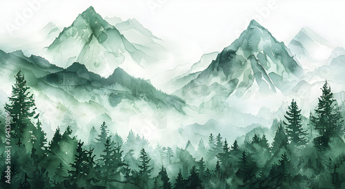 Greens watercolor color watercolor abstract brush painting art beautiful mountains, peak with spruce trees. photo