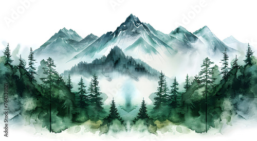 Greens watercolor color watercolor abstract brush painting art beautiful mountains, peak with spruce trees. © lutsenko_k_