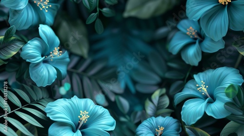 A close up of a bunch of blue flowers and leaves, AI