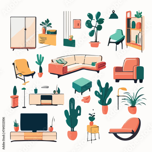 Living room furnishing 2D linear cartoon objects se