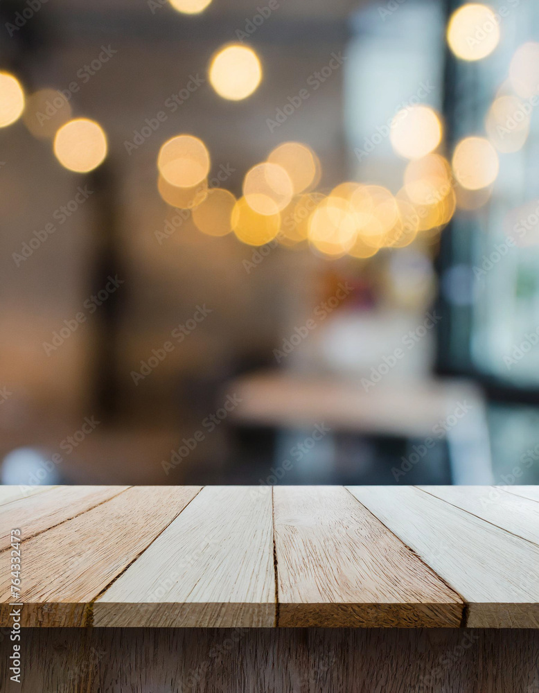 empty wooden table and blurred bokeh lights cafe background, mock up for display of product, montage your products
