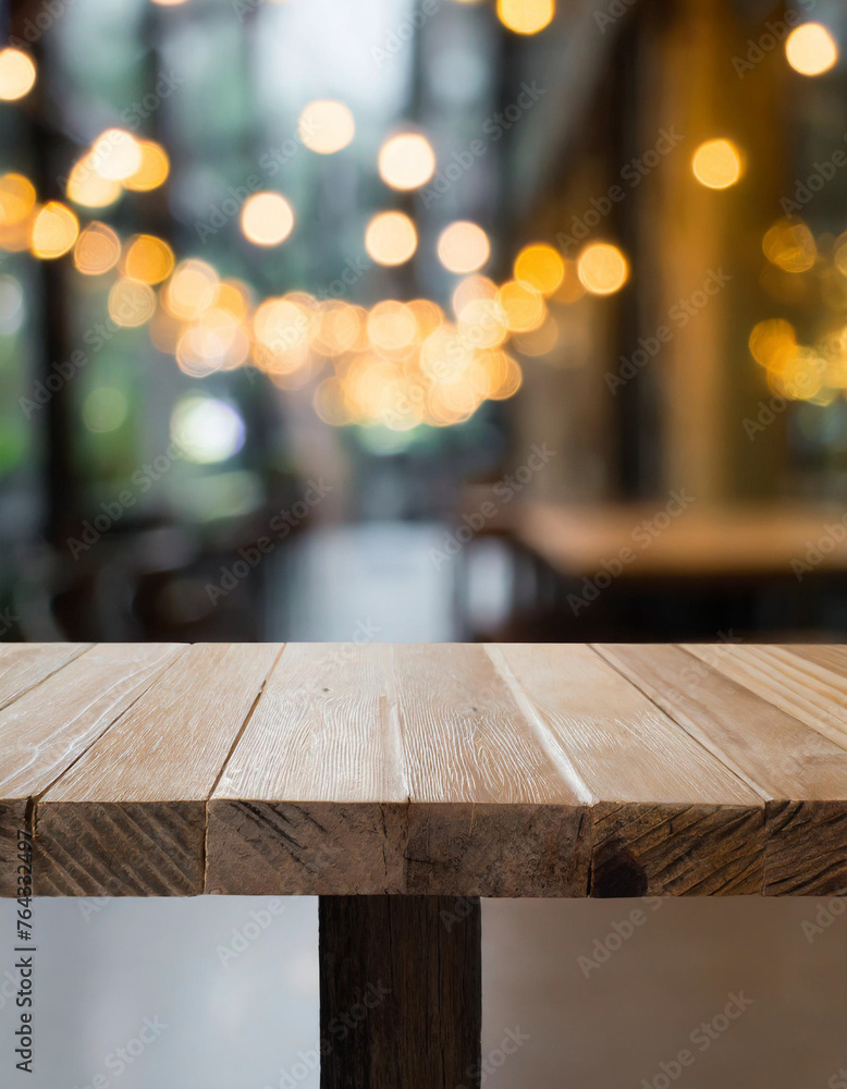 empty wooden table and blurred bokeh lights cafe background, mock up for display of product, montage your products
