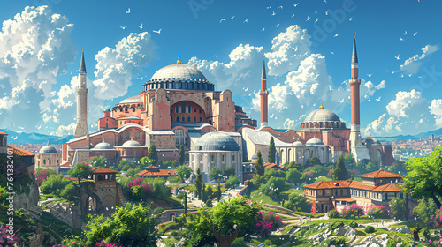 Hagia Sophia in Istanbul, Turkey. Hagia Sophia is a former Greek Orthodox patriarchal basilica (church) 3D rendering. photo
