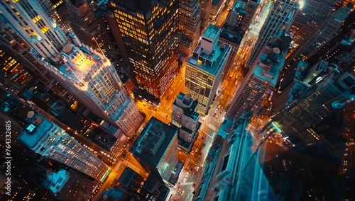 Overhead view of the cityscape at night  capturing an aerial perspective with skyscrapers and streets illuminated by streetlights The scene is bathed in warm hues from neon lights Generative AI