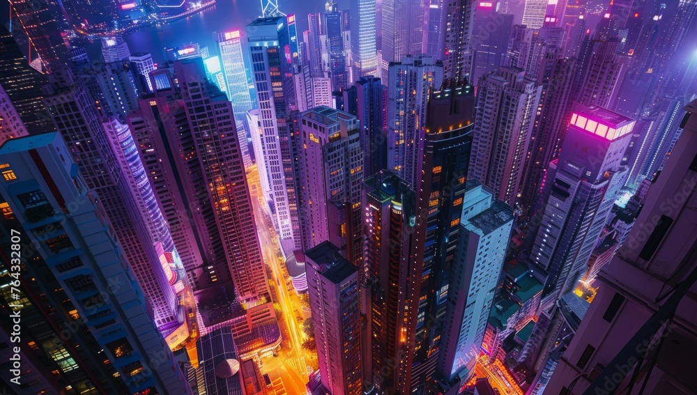 An aerial view of the bustling cityscape at night, showcasing towering skyscrapers and busy streets The lighting adds to the mood, creating long shadows on buildings Generative AI
