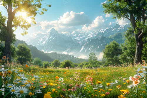 A sun-kissed meadow adorned with vibrant wildflowers, providing a serene spot for a spring picnic. Concept of nature's beauty and relaxation. Generative Ai.