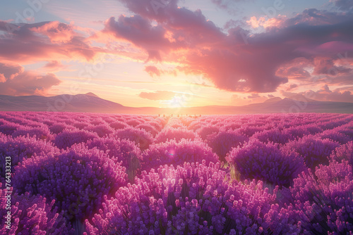 A fragrant lavender field stretching towards the horizon, immersing visitors in a sea of purple blooms. Concept of sensory delight and aromatherapy. Generative Ai.