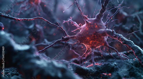 red and blueish green brain cells in an animated style, rendered with dynamic lighting and depth of field effects.