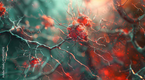 brain cell, surrounded by delicate branches with vibrant colors, representing the neural network in focus