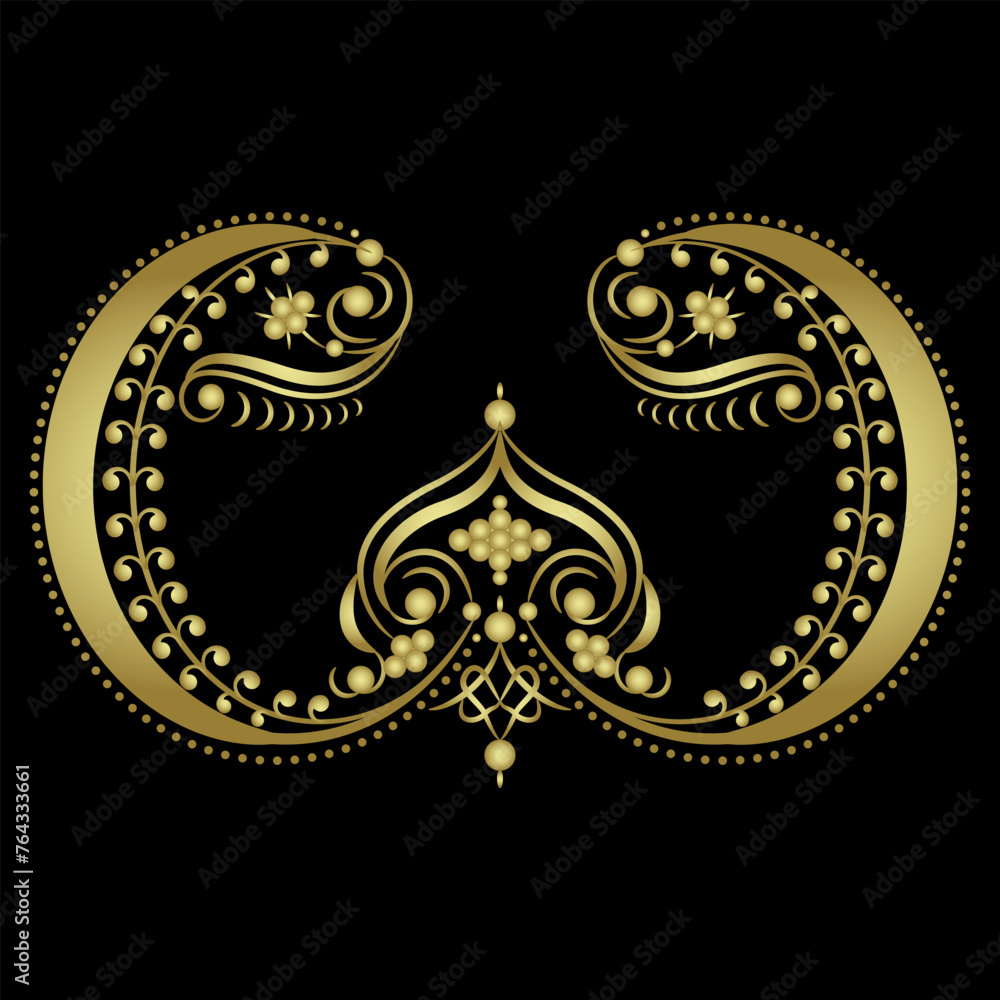 Elegant decorative element in vintage style. Black and white silhouette. Ornate vignette with abstract floral motifs. Golden glossy silhouette on black background.