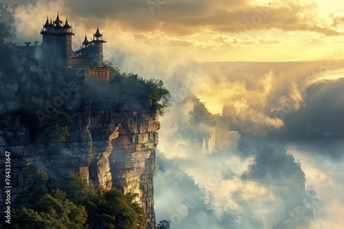 Majestic castle on a cliff overlooking a misty valley, medieval fantasy landscape, digital painting © Lucija