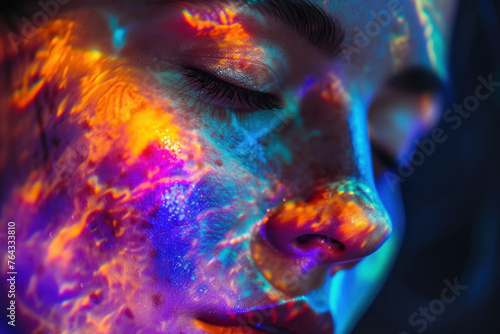Abstract Portrait of a Woman with Vivid Neon Paints Illuminating Her Features