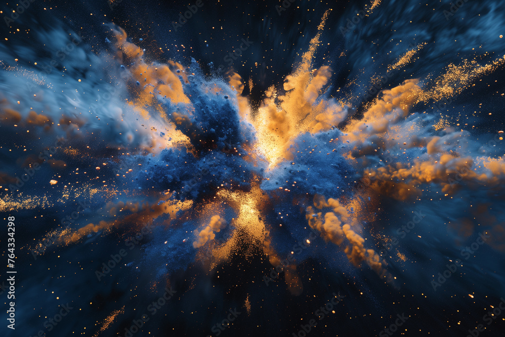 Abstract wallpaper with a cosmic explosion of blue and yellow powder - obrazy, fototapety, plakaty 