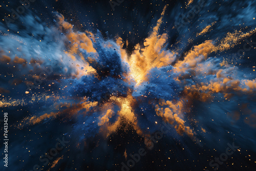 Abstract wallpaper with a cosmic explosion of blue and yellow powder photo