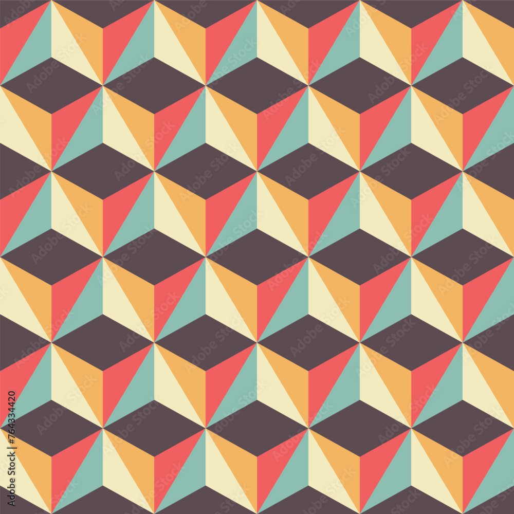 Seamless geometric pattern in retro style with triangles and rhombuses. Vector background.