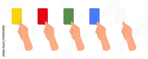 Soccer cards yellow, red, green, blue and white in hand. Referee hand holding football cards, set of different color cards isolated on white background. Cards in football, flat vector illustration