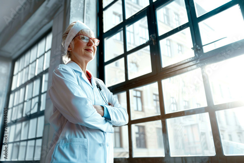 senior elderly caucasian female doctor wearing a white coat and stethoscope, blurred background