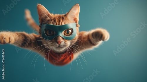 Superhero cat flying through the air with mask on blue background, concept of bravery and courage