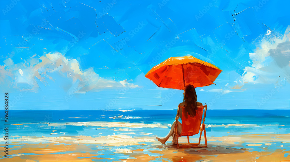 The image features a woman sitting in a beach chair