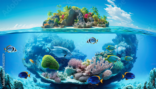 Ocean Tropical island with colorful underwater world