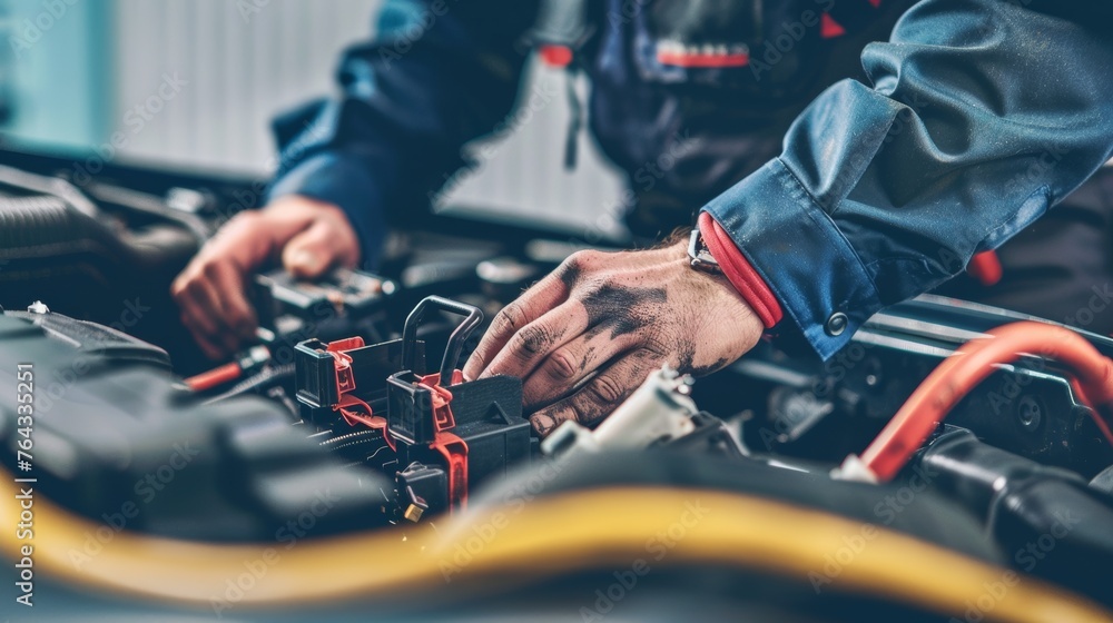 Checking a car battery level, underlining regular vehicle maintenance and the importance of a reliable power source - obrazy, fototapety, plakaty 