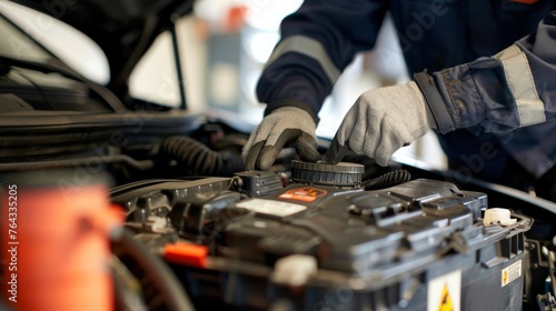Checking a car battery level, underlining regular vehicle maintenance and the importance of a reliable power source © Orxan