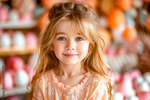 Close up of child with blue eyes and smile on her face.