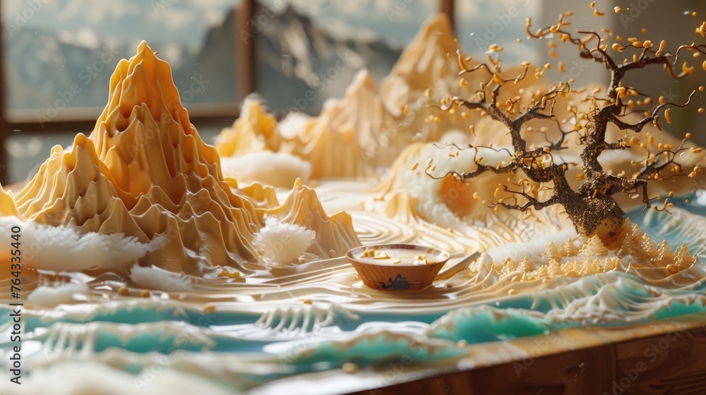 Culinary Alchemy: Ramen Transformed into a Stunning 3D Art Amidst Majestic Peaks