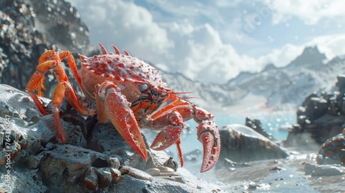 3D Seafood Exploring Intricate Detail Against a Rugged Mountainous Seascape