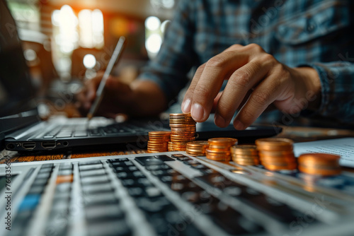 Finance accounting concept. Taxation, budget management, bookkeeping, profit and strategy. Businessman using laptop with accounting icon on virtual screen. photo