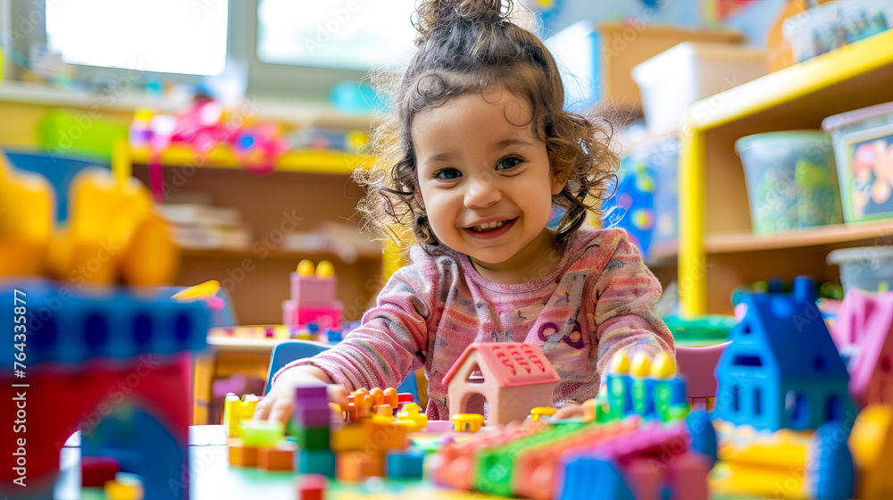 Little girl playing with toys at table in child's room. Little girl playing with toys at table in child's room.