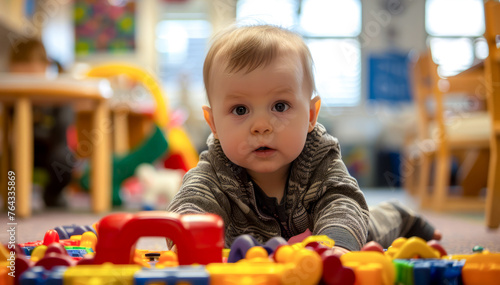 Baby sitting in front of pile of plastic toy blocks with surprised look on his face.