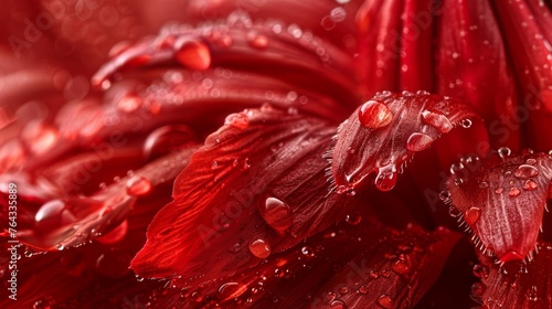 a close up of a red flower with drops of water on the petals and the petals are covered in drops of water.