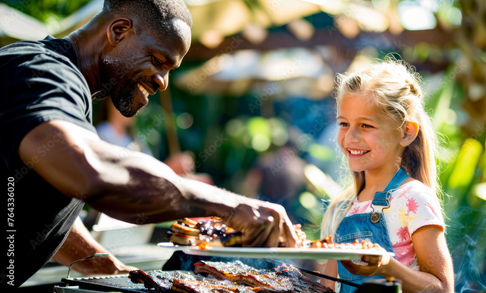 Man and little girl are grilling meat on bbq.