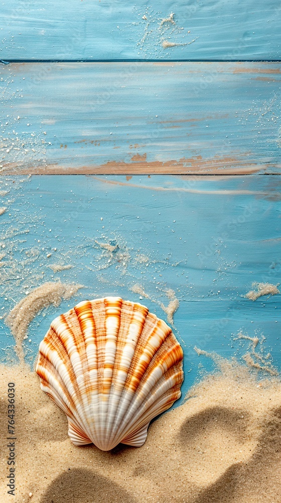 A delicate scallop shell on a blue wooden background, creating an enchanting visual harmony. A rustic wood texture with shell in top view. A delicate scallop shell on a blue wooden background, creating an enchanting visual harmony. A rustic wood texture with shell in top view.