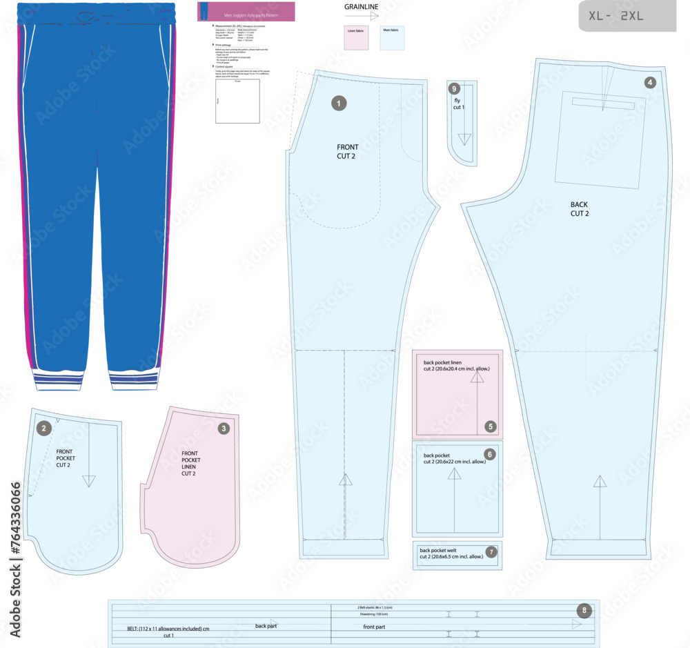 XL vector sewing pattern for stylish men Joggers pants with pockets. All allowances are included. Features snug silhouette mock fly in seam front pockets dual welt back pockets elastic waistband. Stoc...