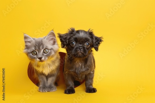Funny gray kitten and smiling dog on trendy yellow background  pug breed climbs out of hole in colored background. Wide angle horizontal wallpaper or web banner - generative ai