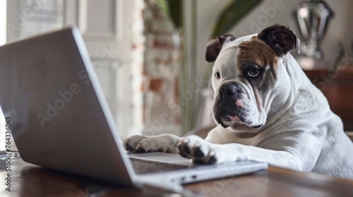 The bulldog is white and brown with a wrinkled face. It is sitting on a wooden table and looking at the laptop screen. The laptop is open, and the screen is showing a document.