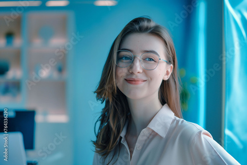 Portrait d'une jeune femme souriante en entreprise