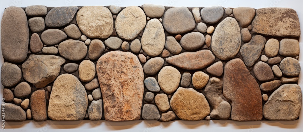 A detailed view showing a stone wall built with various rocks and pebbles A detailed view showing a stone wall built with various rocks and pebbles