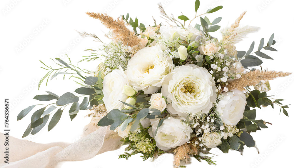 Bukiet ślubny w stylu boho z białymi kwiatami, gałązkami eukaliptusa i trawami na białym tle - obrazy, fototapety, plakaty 