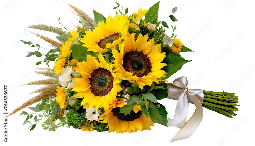 Wiązanka ślubna z kwiatami słonecznika i trawami na przezroczystym tle - obrazy, fototapety, plakaty 
