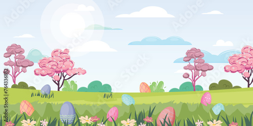 Sunny Easter outdoor illustration, green lawn with hidden easter eggs
