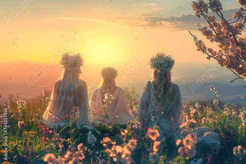 Mysterious witches perform spring equinox renewal ritual in blooming nature, spiritual meditation concept photo