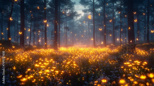 Stunning scenery. Fireflies, tall trees, grass, yellow lights. Digital painting. Illustration on 3D. 3D rendering.